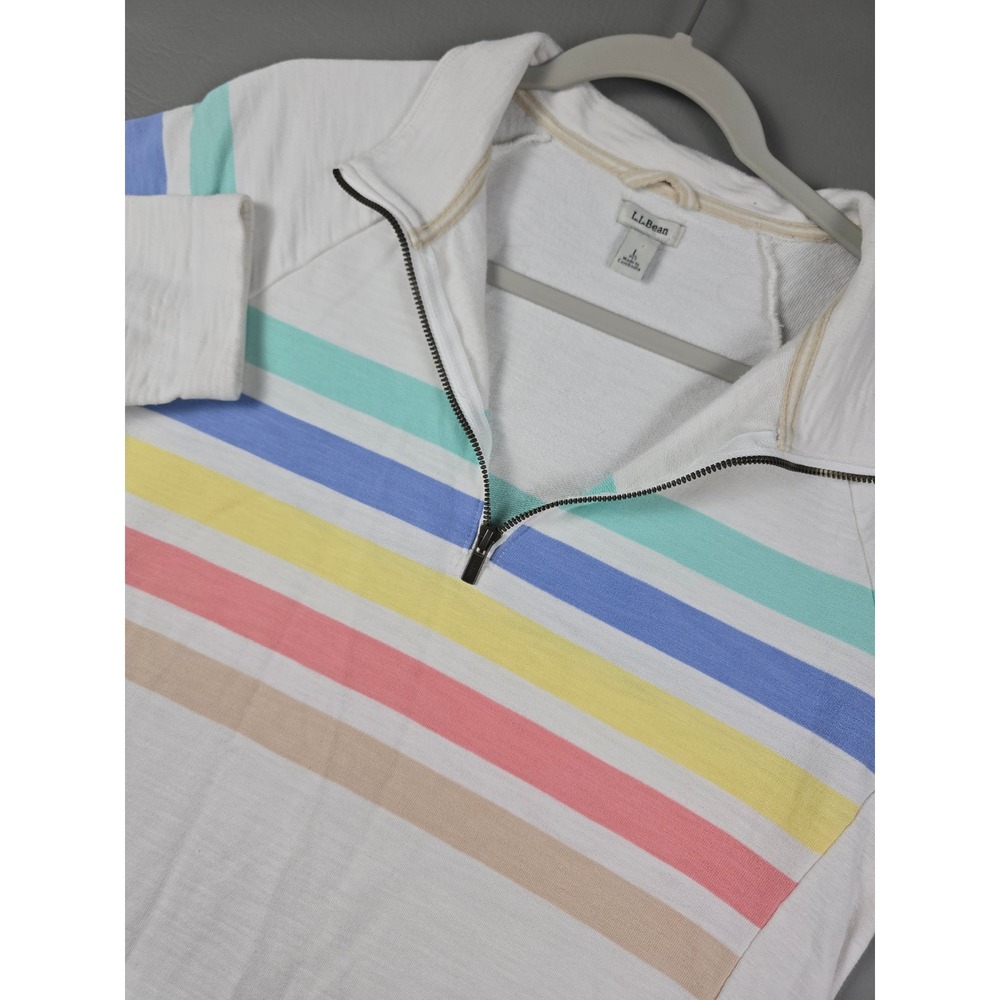LL Bean Womens Large Petite Quarter Zip Pullover Cotton Pastel Striped White